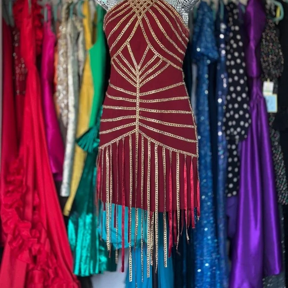 Halter Gold Burgundy Red Short Sparkle Fringe Showgirl Stage Dance Flapper Dress - Picture 3 of 12